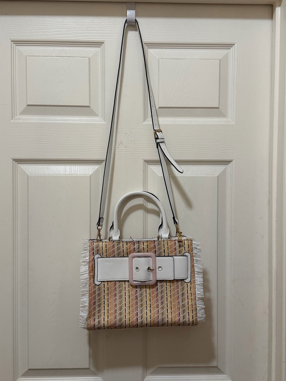 Woven Multicolor Straw Crossbody Bag with White Trim